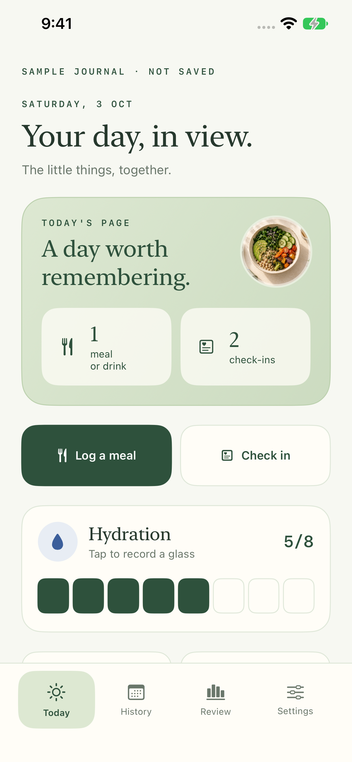 GutBFF Today screen with a clearly labeled sample journal, a meal note, two check-ins and hydration tracking