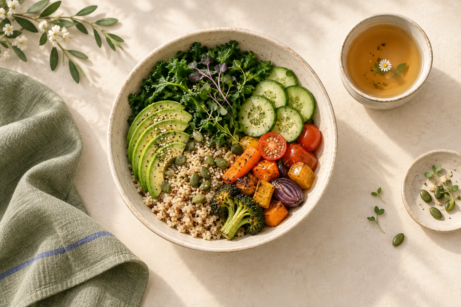 A vegetable and grain bowl beside a cup of tea on a softly lit table